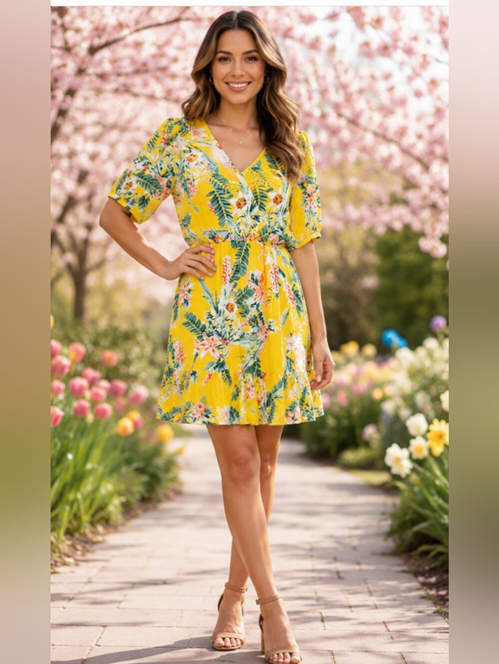 Lucky Brand Yellow Tropical Floral V-Neck Dress Sz Sm
